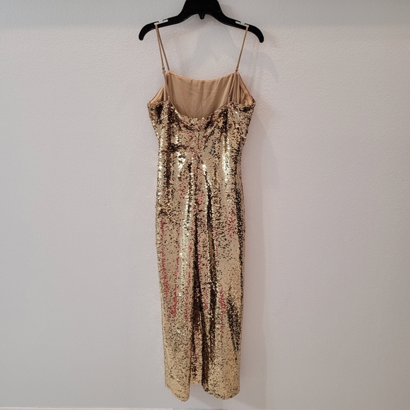 GB Gold Sequin Bodycon Midi Dress Scoop Neck Spaghetti Strap Size L - Picture 2 of 6